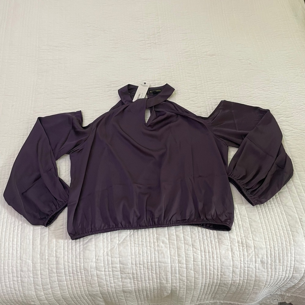 Bold Elements Purple Cold Shoulder Halter Blouse XL Balloon Sleeve Keyhole Top